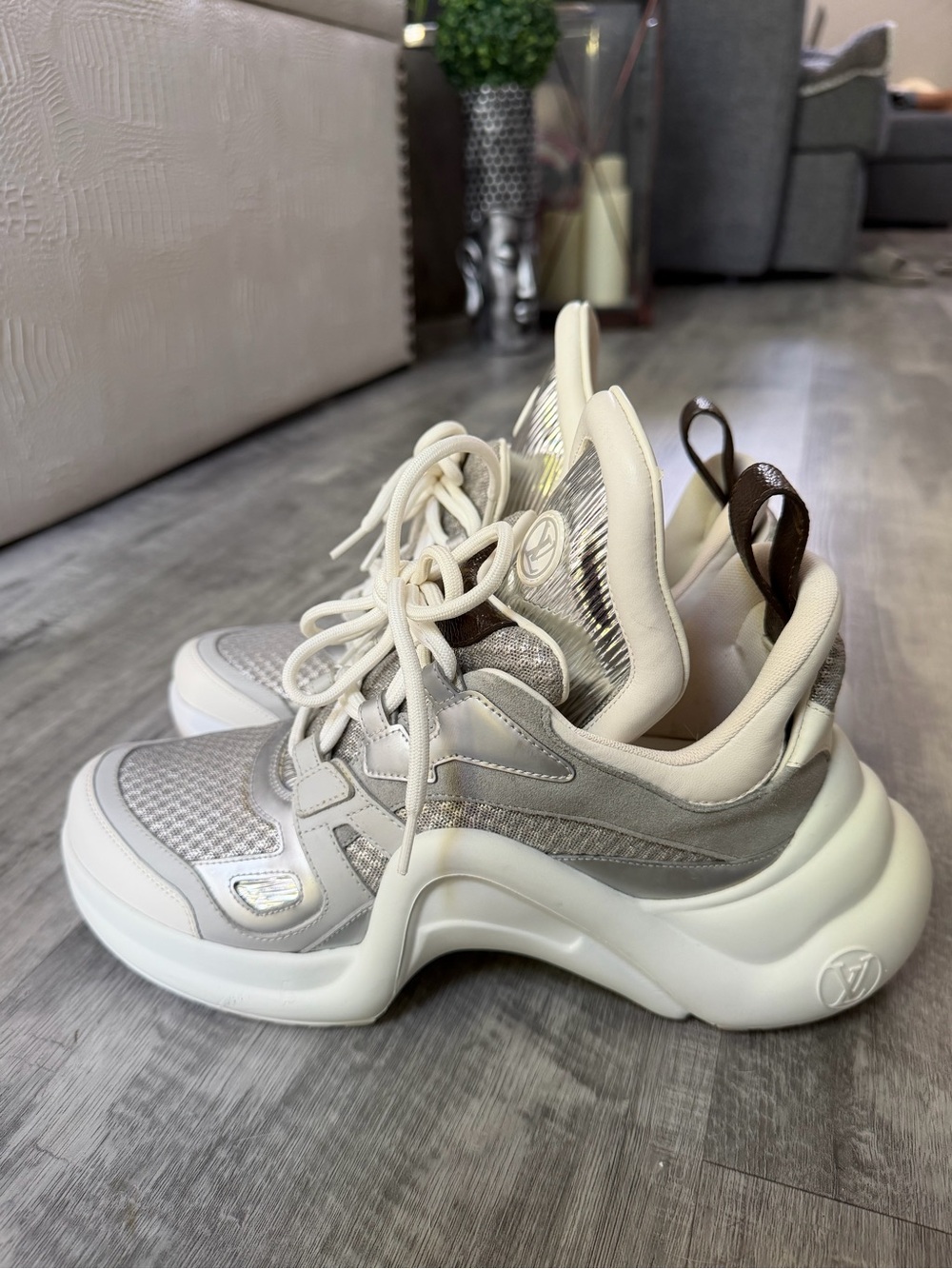 Louis Vuitton White and Silver Sneakers with White and Iridescent Box Bag - Picture 9 of 16